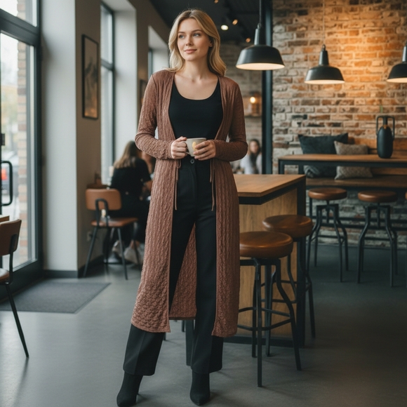 Textured Sheer Lace Duster Cardigan With Double Tie Detail Size Large - Picture 2 of 7